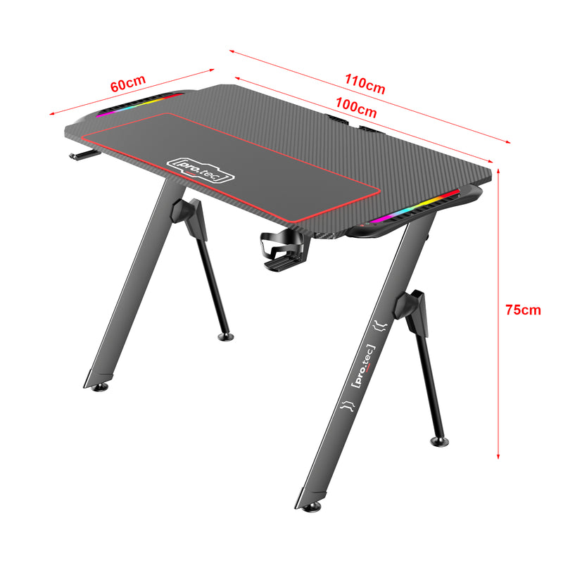 Måttskiss Spelbord Stockton med RGB LED-belysning svart i olika storlekar [pro.tec]