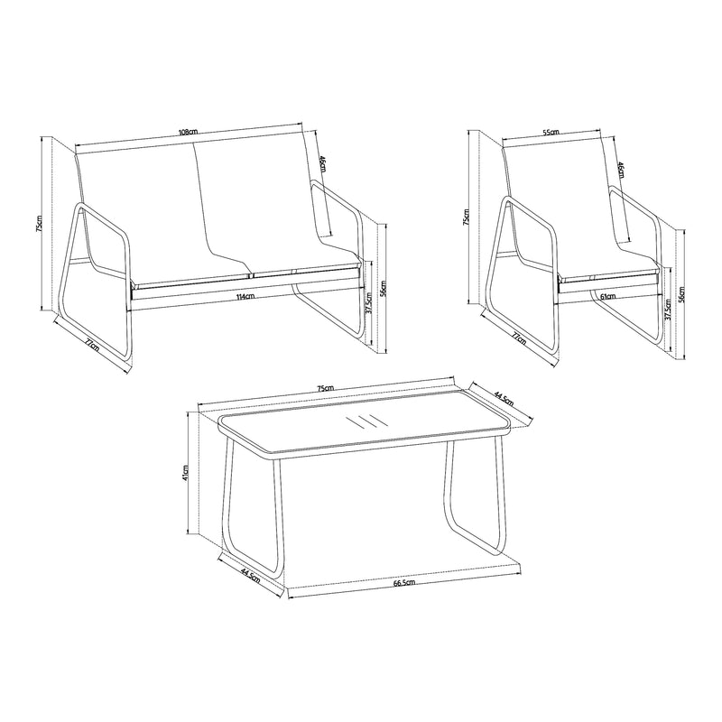 Måttskiss Loungegrupp Anzi set om 4 stål glas set [casa.pro] välj modell