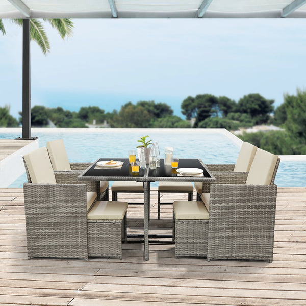 Loungeset Cieza 9 delar 1 bord 4 stolar 4 pallar med dynor [en.casa] välj modell