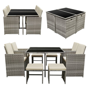 Loungeset Cieza 9 delar 1 bord 4 stolar 4 pallar med dynor [en.casa] välj modell