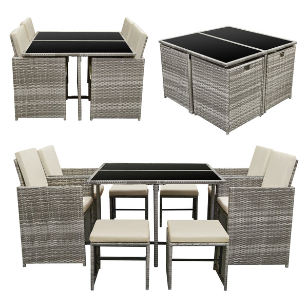 Loungeset Cieza 9 delar 1 bord 4 stolar 4 pallar med dynor [en.casa] välj modell