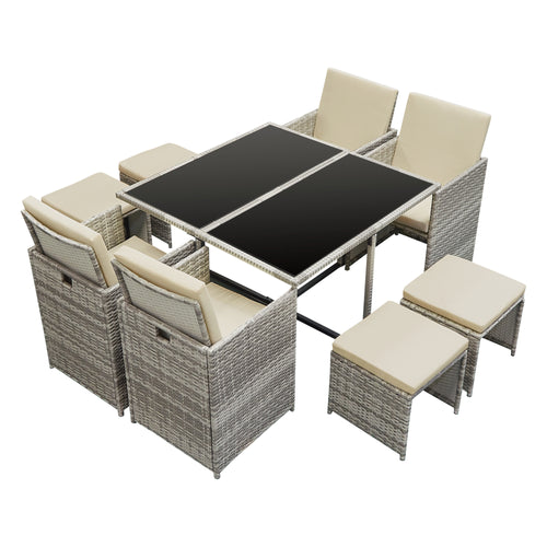 Loungeset Cieza 9 delar 1 bord 4 stolar 4 pallar med dynor [en.casa] välj modell