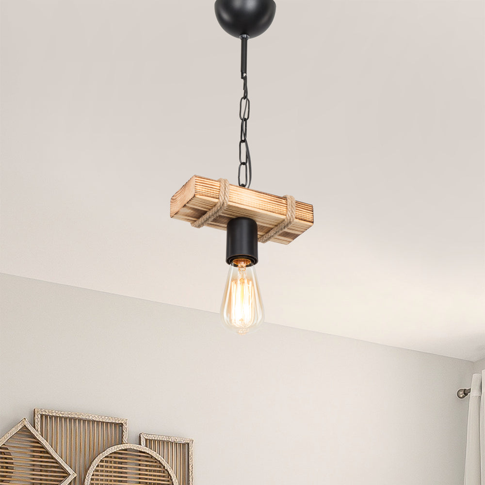 Hänglampa Hemel E27 Metall Massivträ Jutesnöre Svart / Trälook / Jutefärg i olika storlekar [lux.pro] - premiumXL