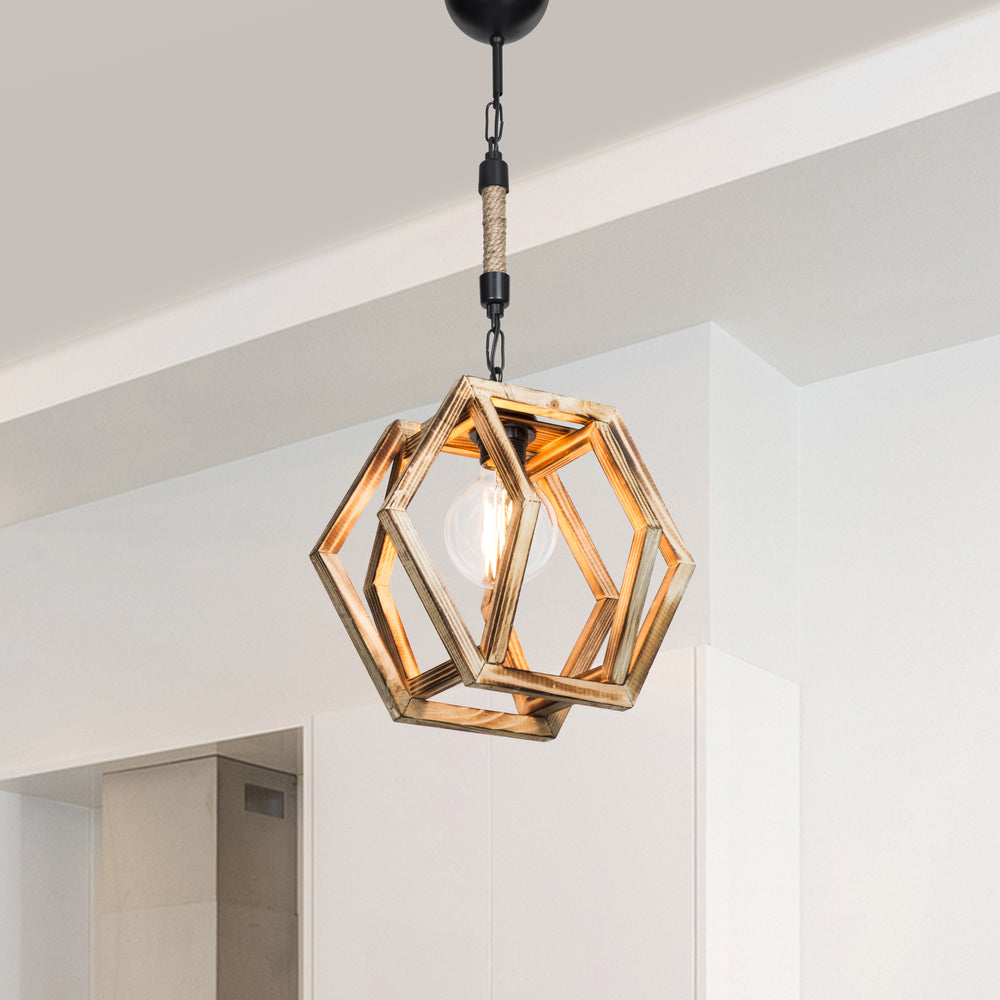 Hänglampa Cheltenham E27 Metall Massivträ Jutesnöre Svart / Trälook / Jutefärg [lux.pro] - premiumXL