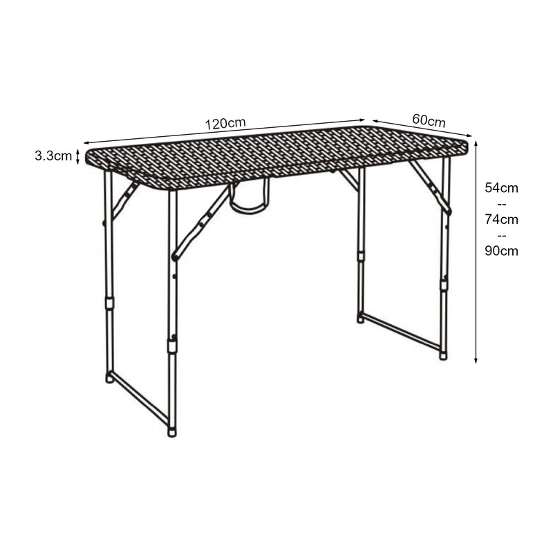 Måttskiss Hopfällbart campingbord Adelfia 120x60 cm [en.casa]