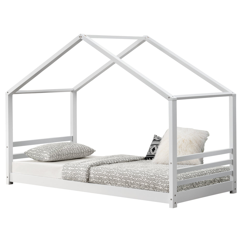 Juniorsäng Vardø hus utförande med ribbotten 200x90cm furu matt vit [en.casa]