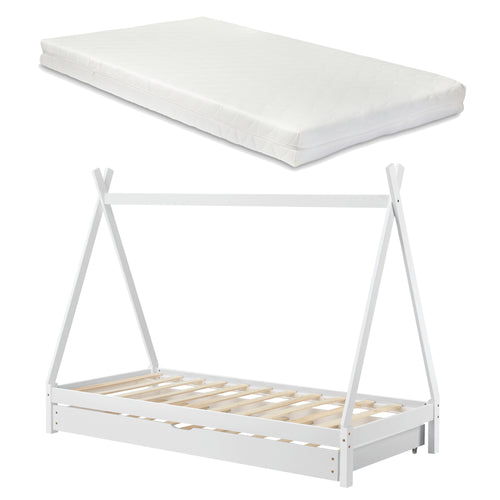 Juniorsäng Cree med utdragbar undersäng och allergivänlig madrass 200x90cm furu [en.casa] välj modell