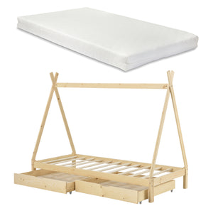 Juniorsäng Maine inkl. madrass tipisäng 200x90cm furu med 2 lådor [en.casa] välj modell