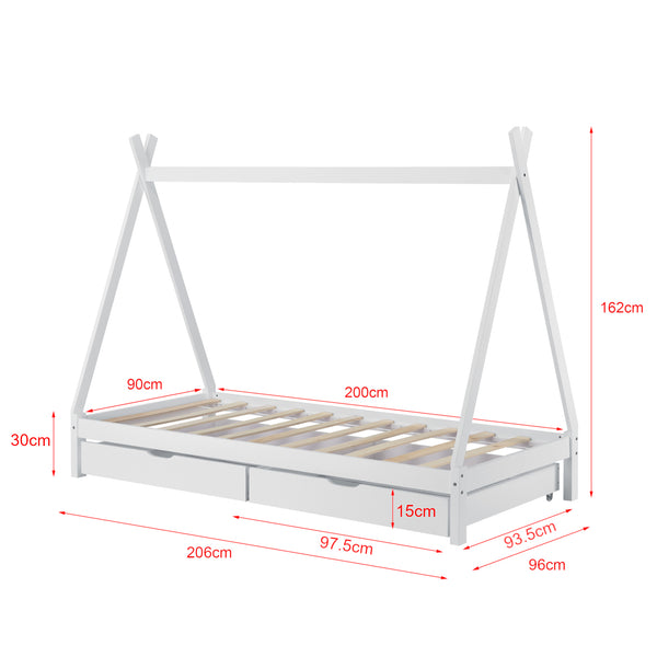Juniorsäng tipisäng med förvaring (två lådor med hjul) 200x90cm furu [en.casa] välj modell