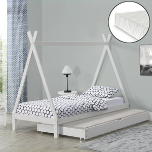 Juniorsäng Cree med utdragbar undersäng och allergivänlig madrass 200x90cm furu [en.casa] välj modell