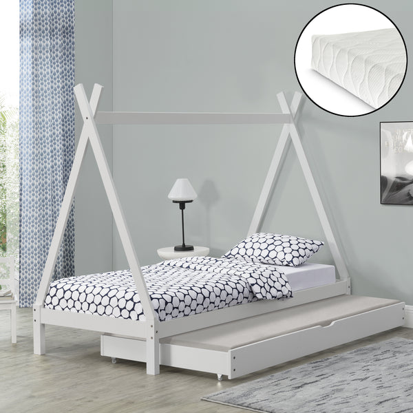 Juniorsäng Cree med utdragbar undersäng och allergivänlig madrass 200x90cm furu [en.casa] välj modell
