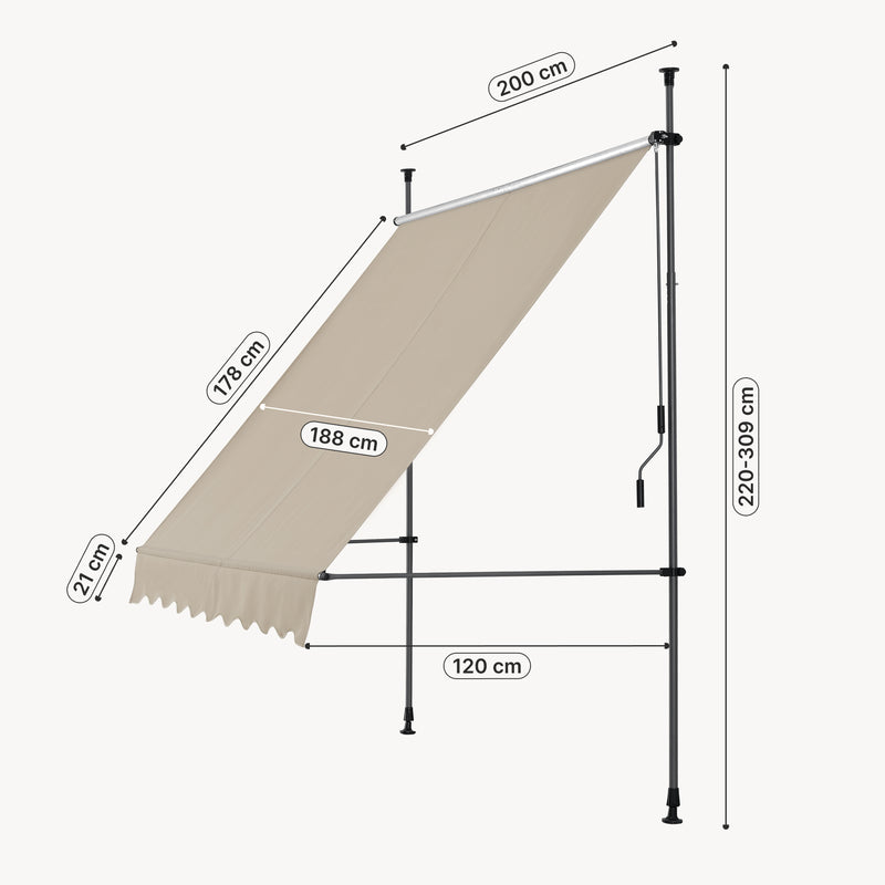 Måttskiss Terassmarkis 120x200 300cm ingen väggborrning välj modell [pro.tec]