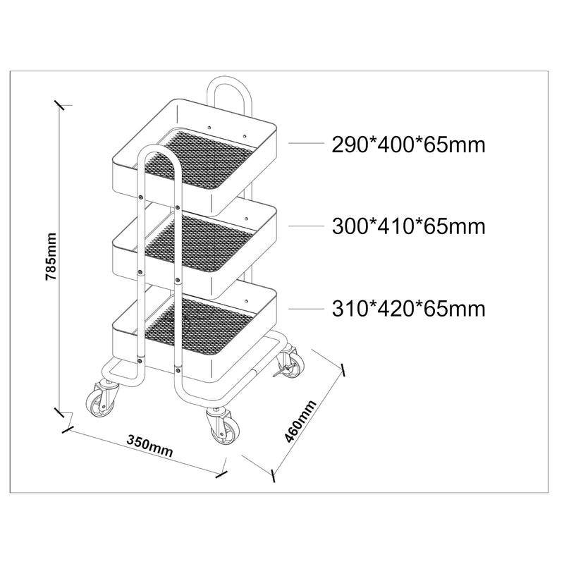 Måttskiss Serveringsvagn Pyhäntä 78,5x46x35 cm stål [en.casa] välj modell