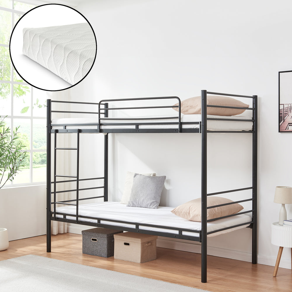 Metall-våningssäng Bevapis med 2 madrasser 90x200 cm Svart [en.casa]