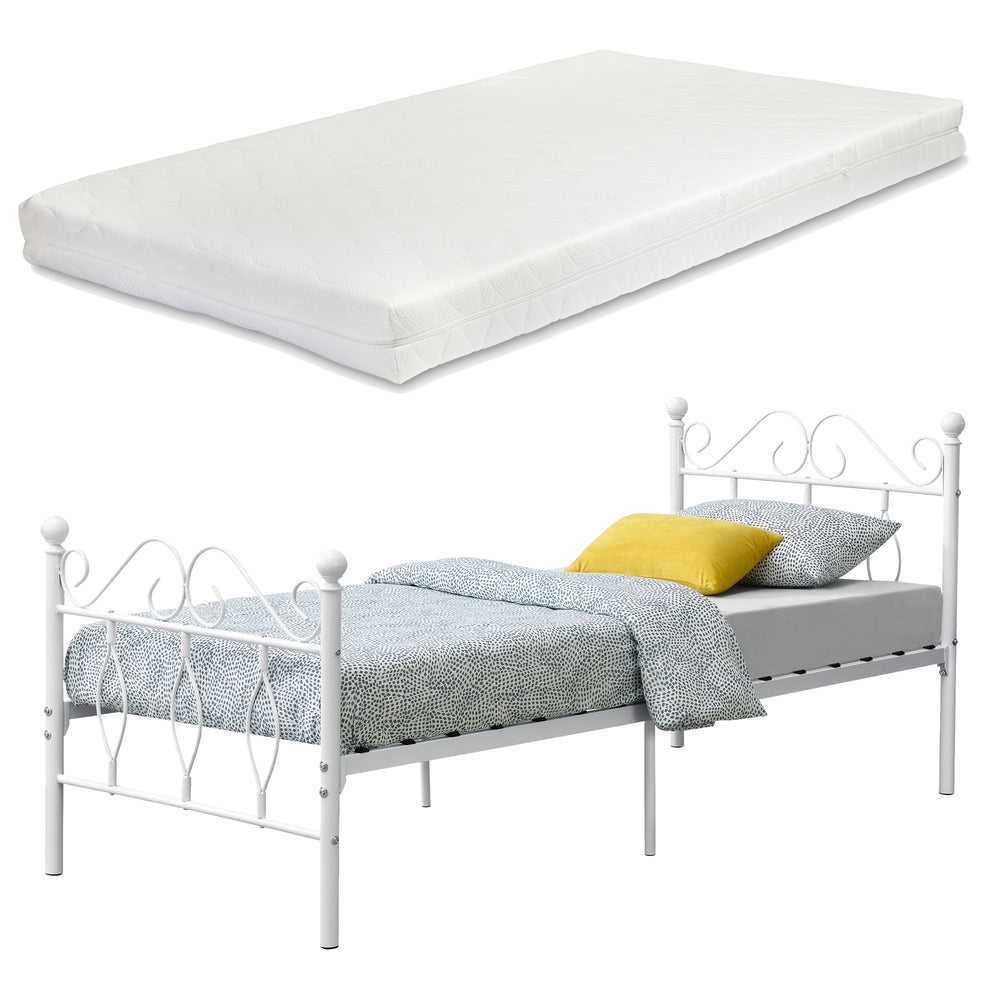 Metallsäng Apolda med madrass olika storlekar upp till 300 kg Vit [en.casa] - premiumXL