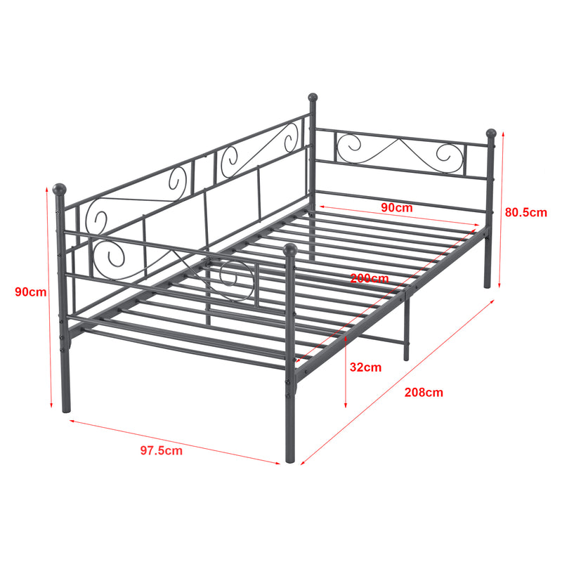 Måttskiss Enkelsäng Kerava 200x90cm metall [en.casa] välj modell