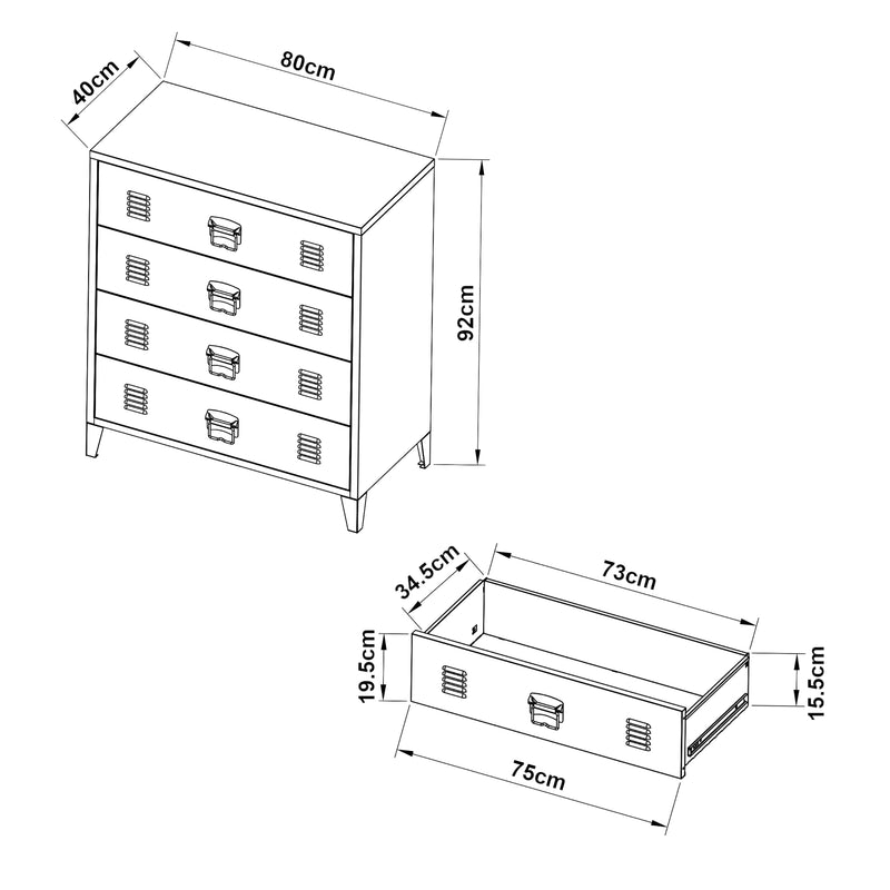 Måttskiss Metallbyrå Hämeenlinna med 4 lådor 92x80x40 cm [en.casa] välj modell