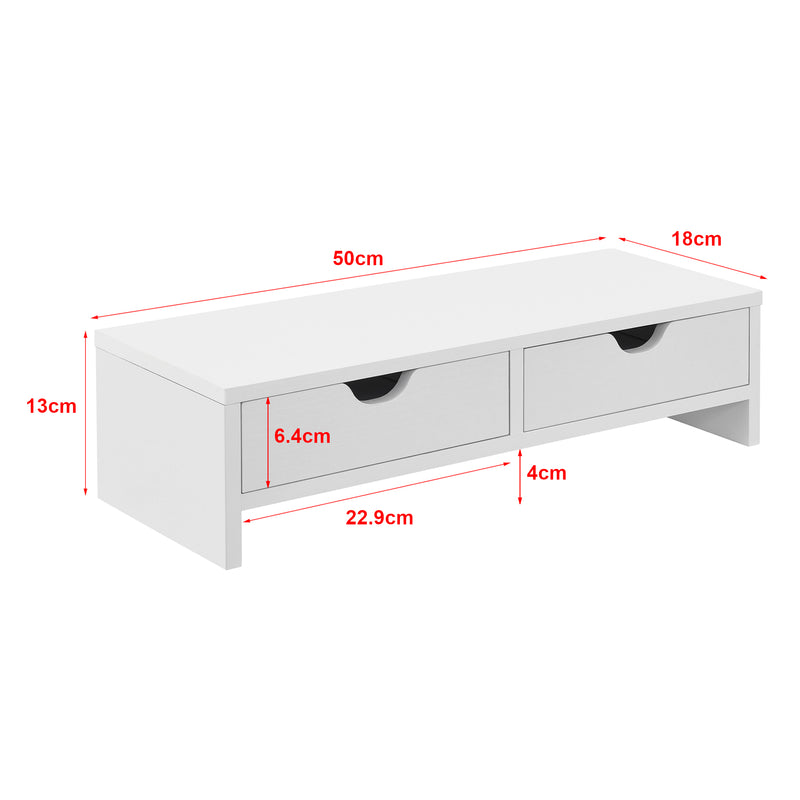 Måttskiss Monitorställ Mänttä med 2 lådor 50x18x13cm i olika färger [en.casa]
