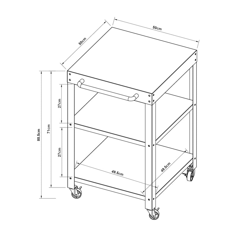Måttskiss Utomhus serveringsvagn Bolognano stål 81x50x50 cm [casa.pro]