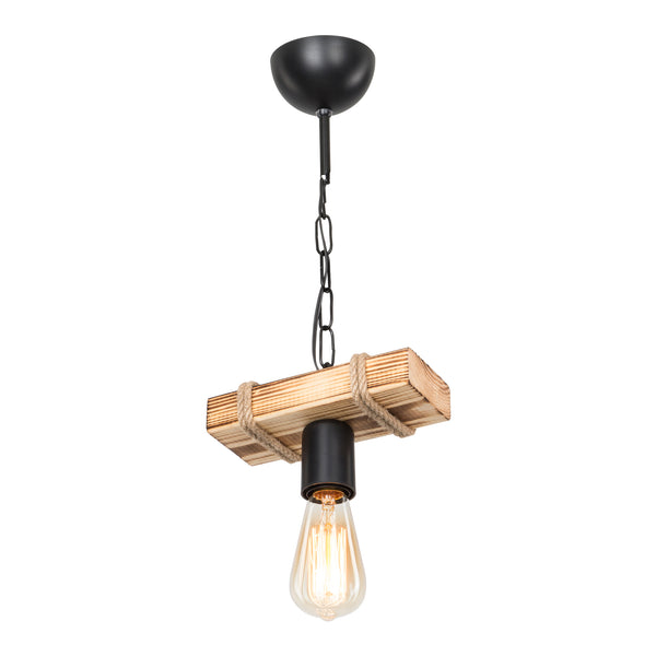 Pendellampa Hemel E27 metall massivt trä juterep svart / trälook / jutefärger i olika storlekar [lux.pro]