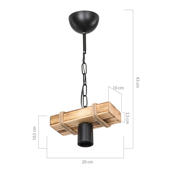 Pendellampa Hemel E27 metall massivt trä juterep svart / trälook / jutefärger i olika storlekar [lux.pro]