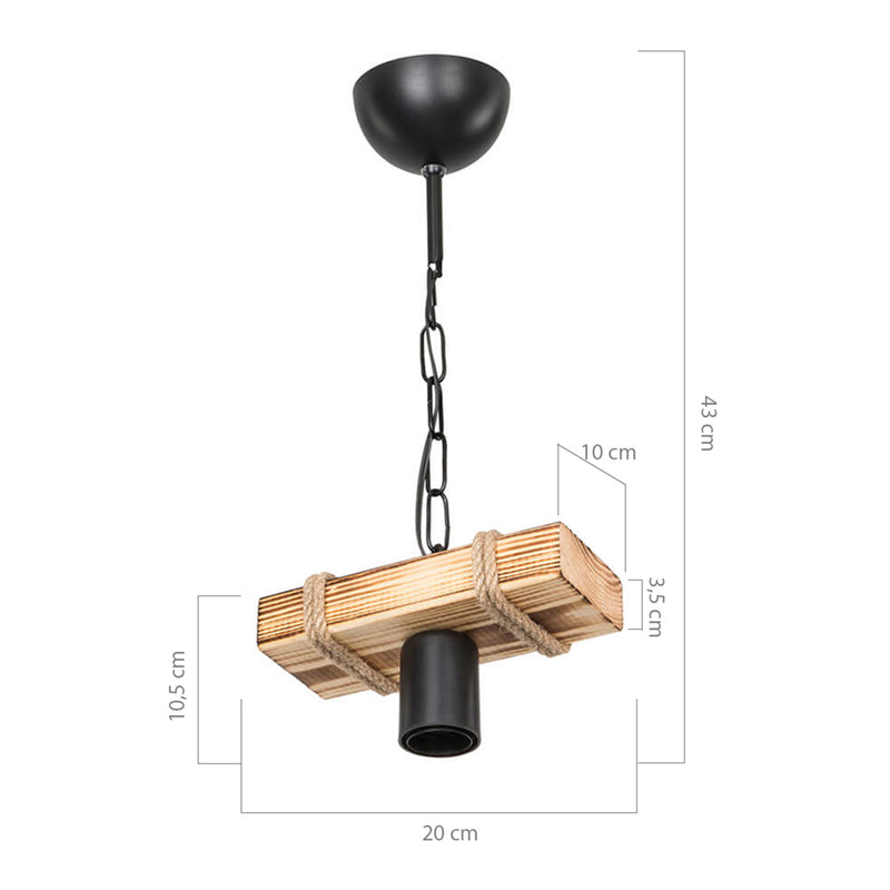 Måttskiss Pendellampa Hemel E27 metall massivt trä juterep svart / trälook / jutefärger i olika storlekar [lux.pro]