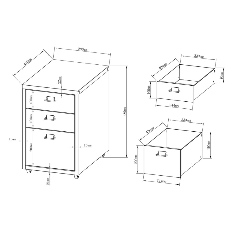 Måttskiss Kökar mobil piedestal med 3 lådor 48x28x41 cm [en.casa]