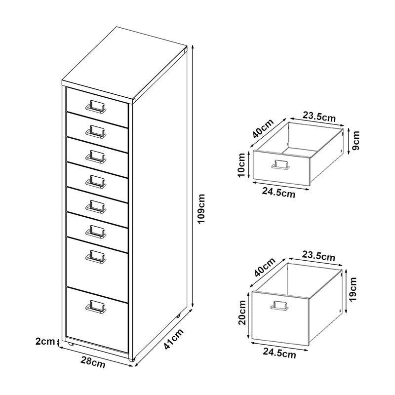 Måttskiss Dokumentskåp Kökar 109x28x41 cm stål 8 lådor [en.casa] välj modell