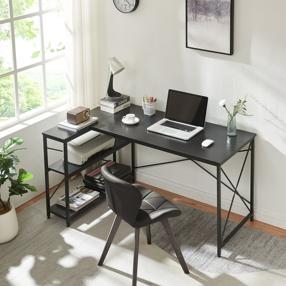 Skrivbord Raundsvalt med 1 hylla L-formad 137x88x75 cm Svart [en.casa] - premiumXL