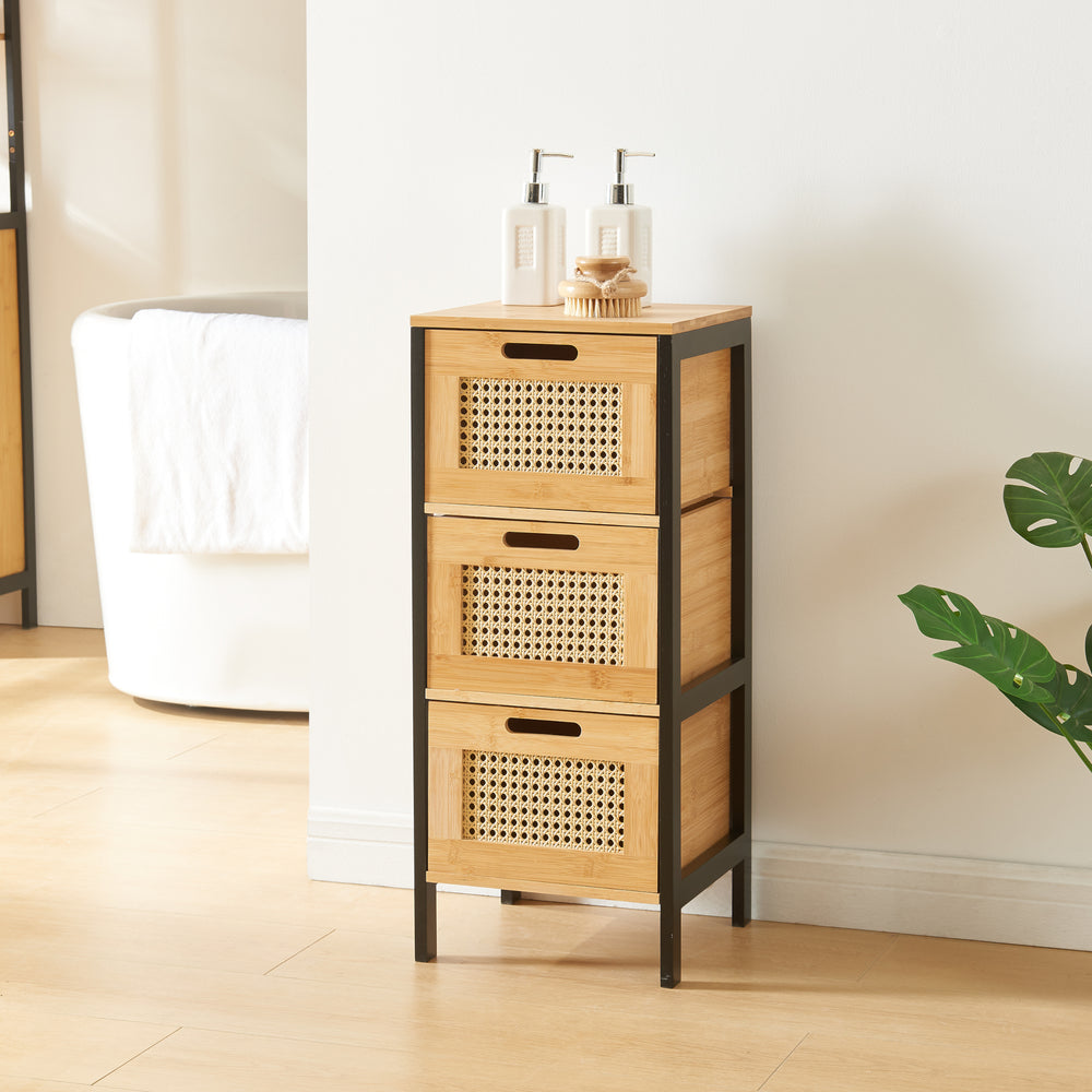Badrumskommod Tervola med 3 lådor Svart/Bambu [en.casa] - premiumXL