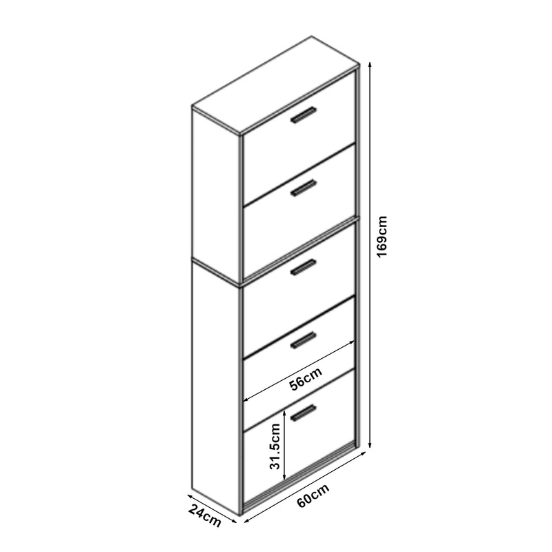 Måttskiss Skoskåp 63x24x81cm 2 fack plats för 12 par skor [en.casa] välj modell