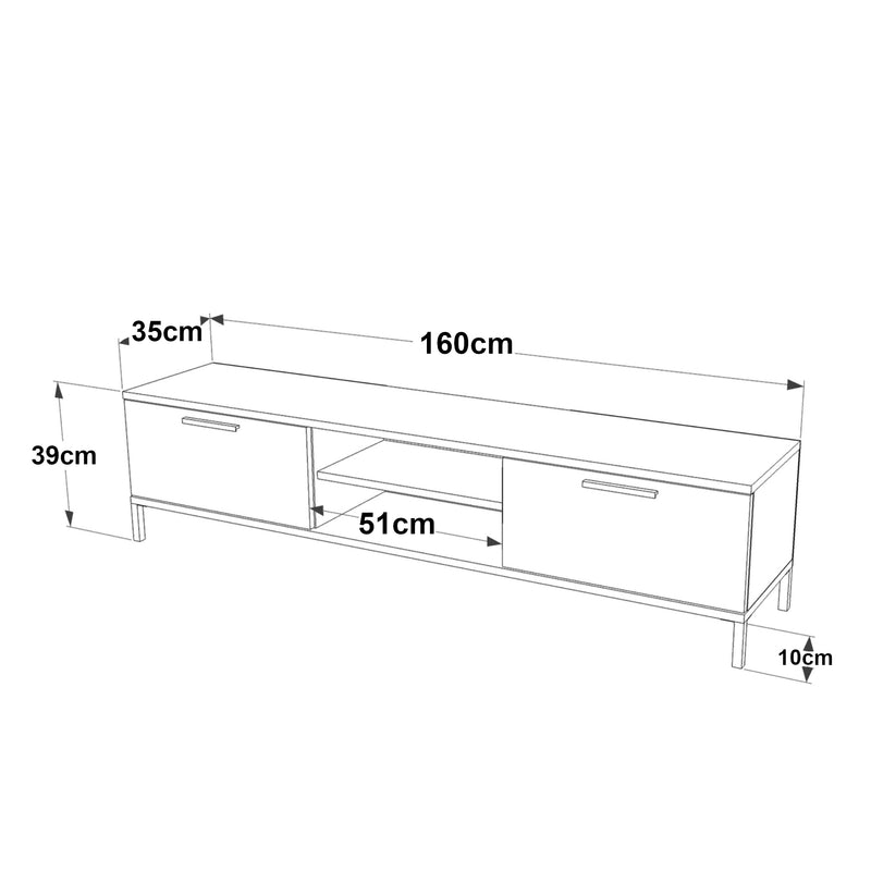 Måttskiss TV-bord Lempäälä med 2 förvaringsfack 160 x 35 x 39 cm i olika färger [en.casa]
