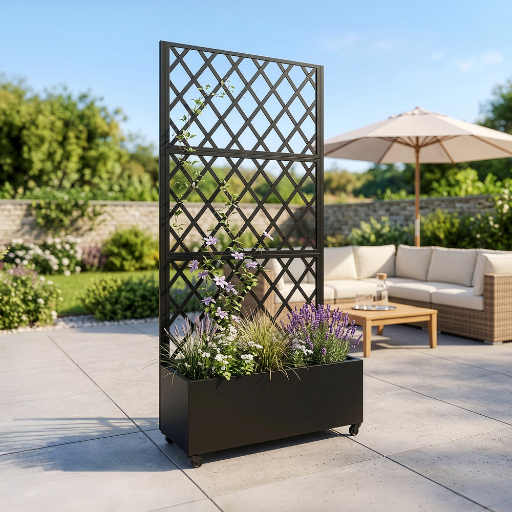 Avdelare Malja med blomlåda stål 190x82x38 cm svart [casa.pro]