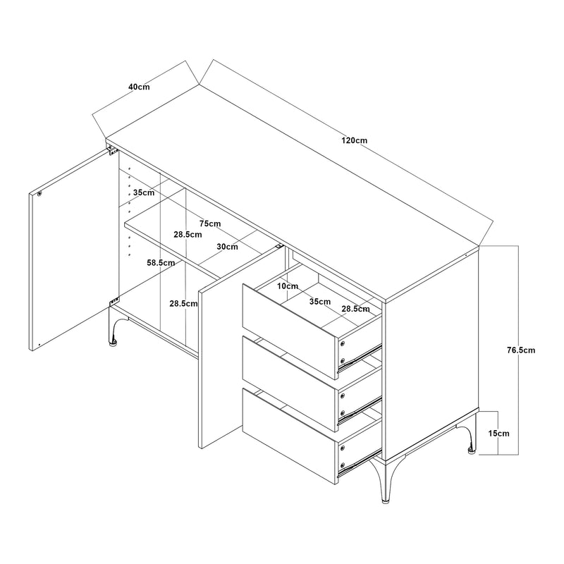 Måttskiss Sideboard Kistiandi [en.casa]