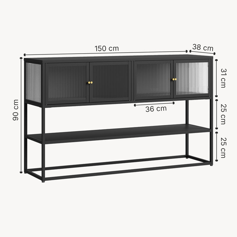 Måttskiss Sideboard Säkylä med 4 glasdörrar 150x38x90 cm stål [en.casa]