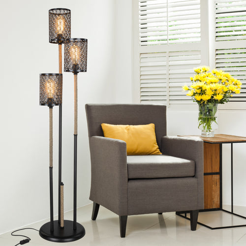 Golvlampa Exeter 3xE27 Metall Jutesnöre Svart / Jutefärgad [lux.pro]