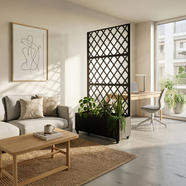 Avdelare Malja med blomlåda stål 190x82x38 cm svart [casa.pro]