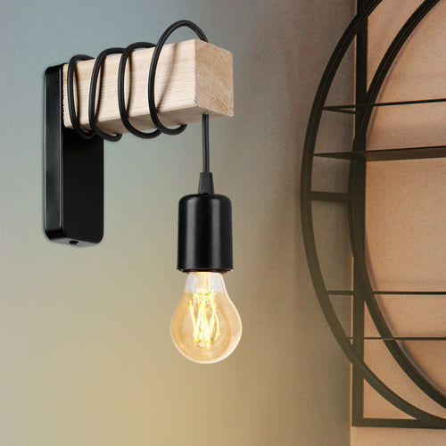 Vägglampa Chelmsford E27 Metall Massivträ Svart / Träutseende [lux.pro]