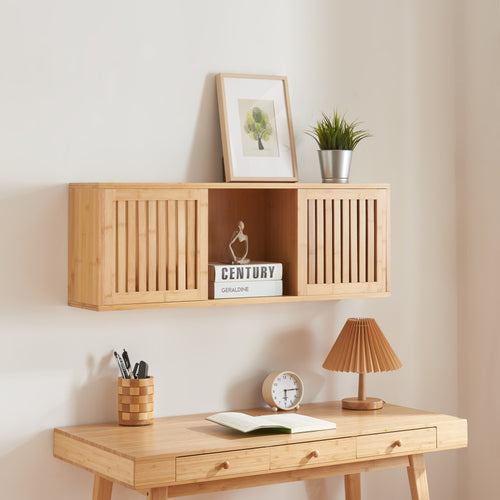Vägghylla Grums med två skjutdörrar 92,5x20x33cm bambu [en.casa] - premiumXL
