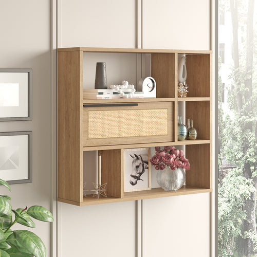 Vägghylla Kvænangen 90x22x81cm Ek/Rattanutseende [en.casa]