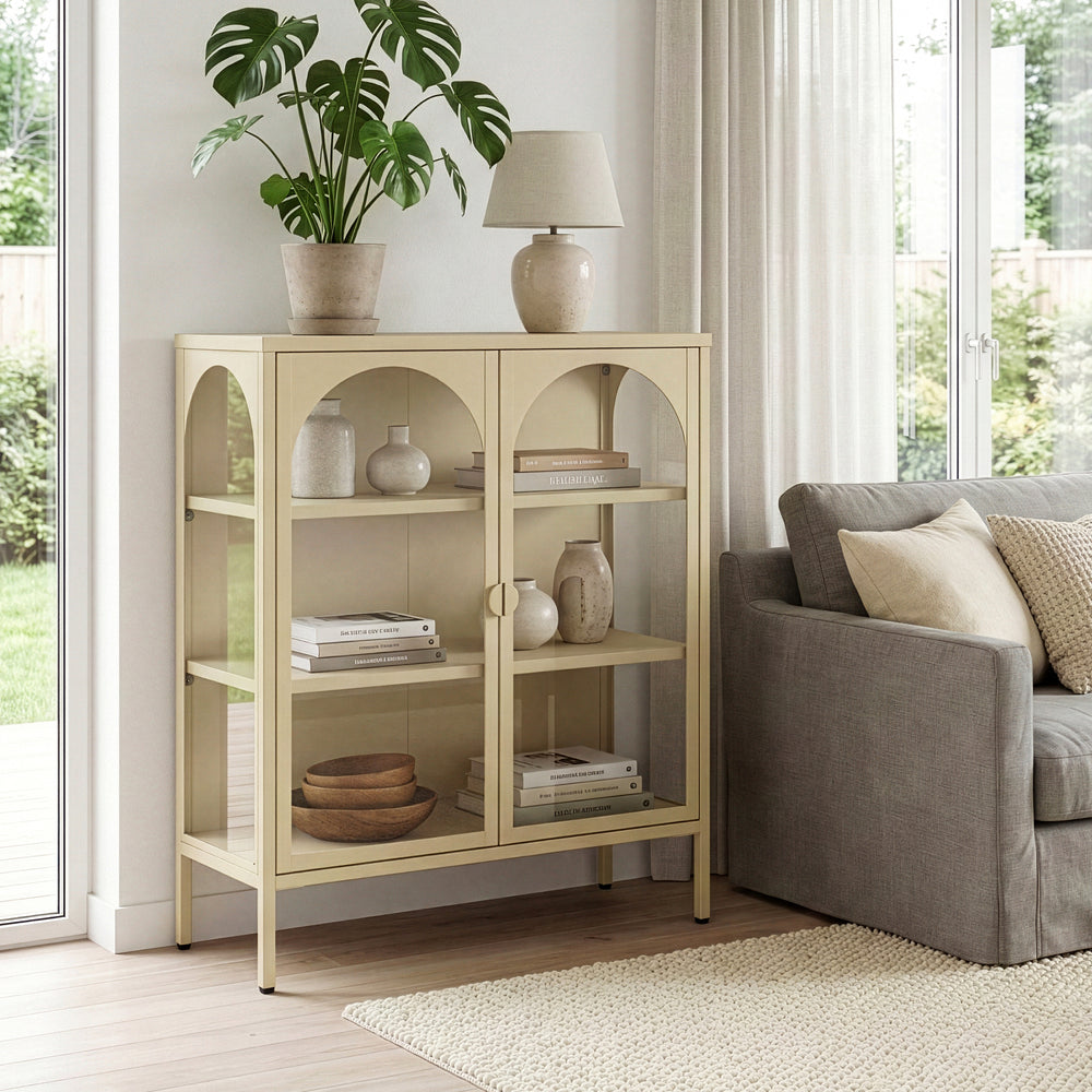 Vitrinskåp-Sideboard Klippestad Stål 95x80x35 cm Kamelfärgad [en.casa]